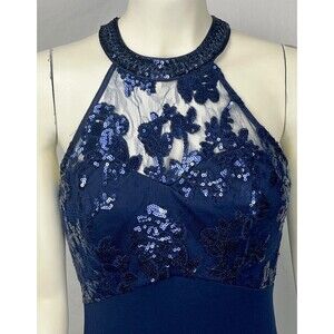 Sequin Hearts Gown Backless Halter Embellished Formal Dress Slit‎ Blue Size 3